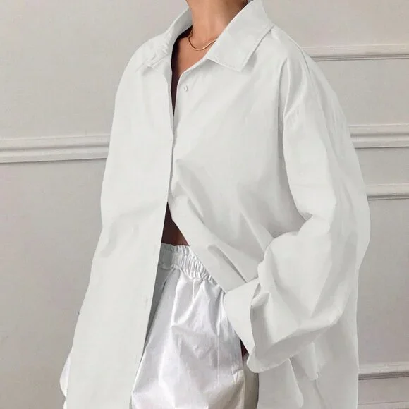 White Casual Women's Loose Long Sleeve Shirt With Collar - Picture 3 of 6